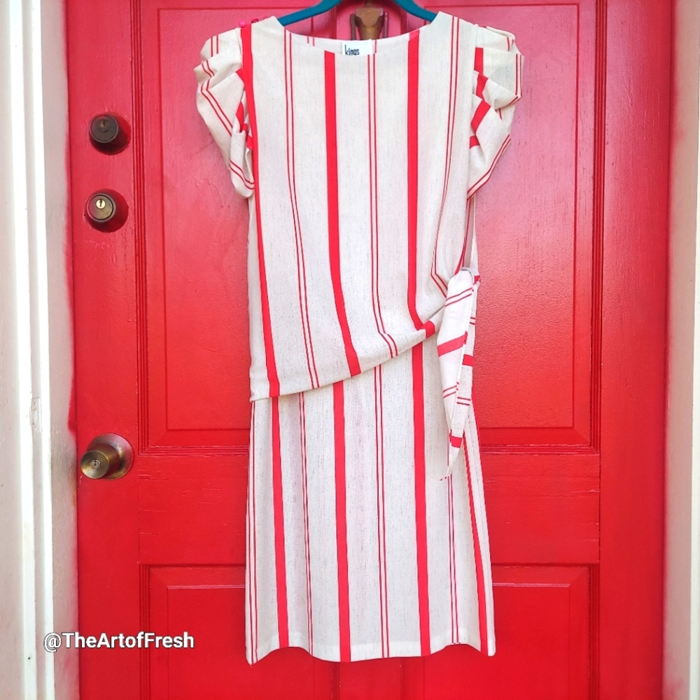 Vintage 1980s Dainty KINGS ROW red and gray striped midi tie dress